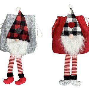 Christmas Gift Sacks Gnome 3D Design Red and Grey Buffalo Plaid Pattern Set of 2